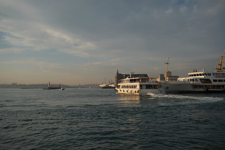 Scenic view of passenger boats on the Bosphorus with a sunset backdrop in Istanbul.